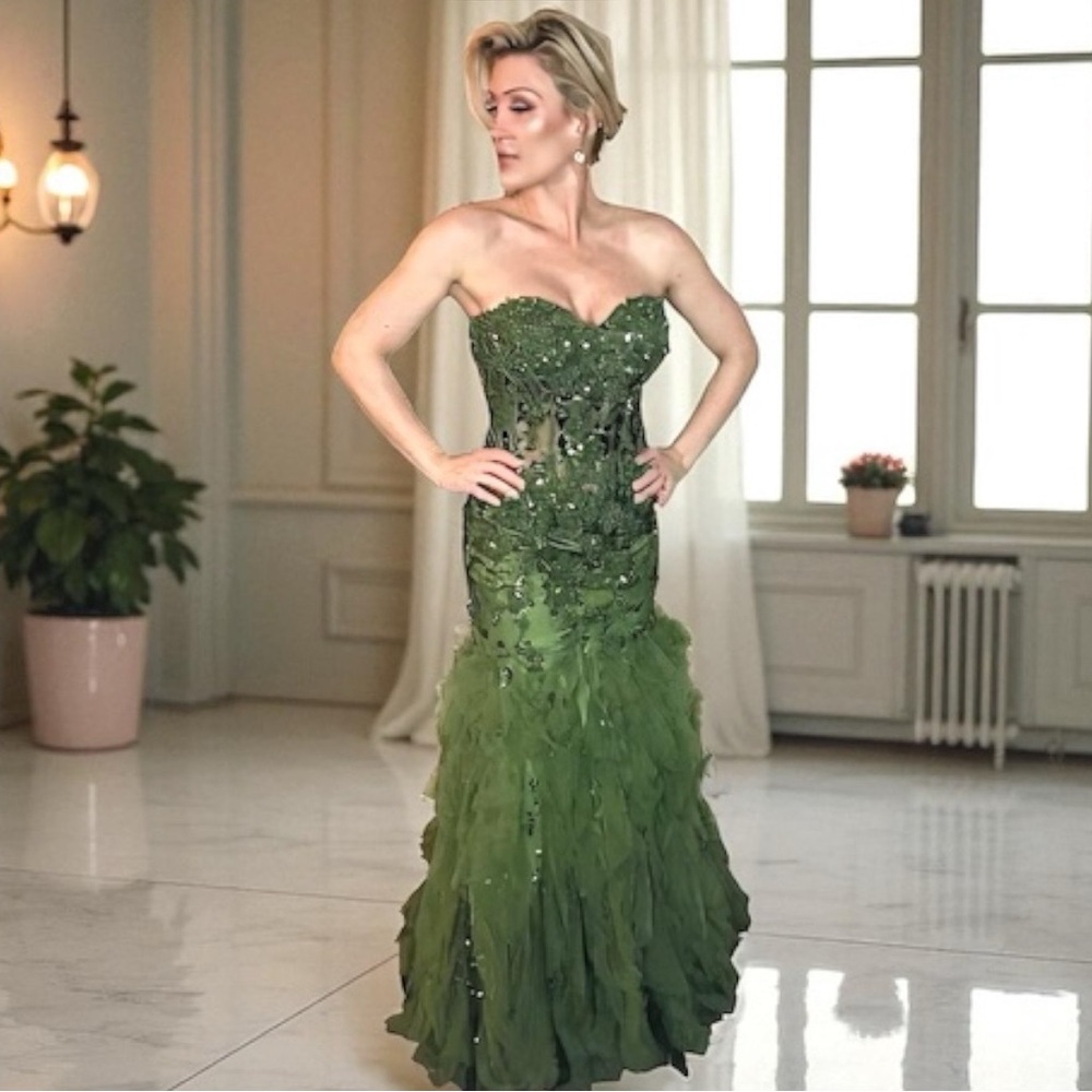Jovani Green Sequin Embellished Mermaid Strapless Gown